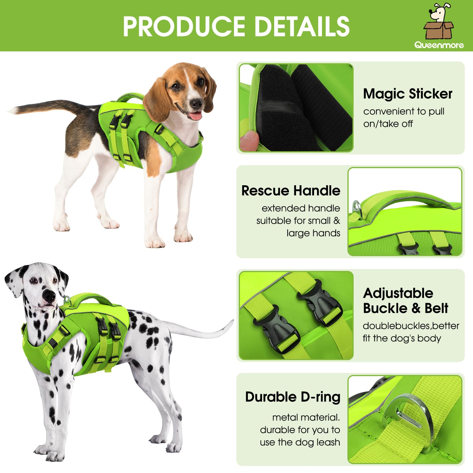 Queenmore Dog Life Jacket, Adjustable Ripstop Dog Life Vest For Swimming Boating, Pet Lifesaver With Superior Buoyancy And Rescu